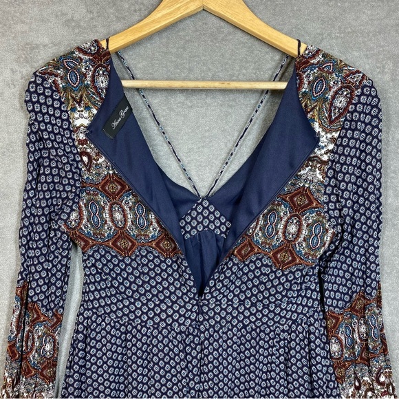 Anna Grace Dress Small Blue Boho Western Print Rayon Long Sleeve Lined - Picture 8 of 13